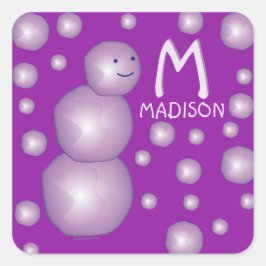 Naam Initiaal 3D Ball Moon Paarse Snowman Stippen Vierkante Sticker