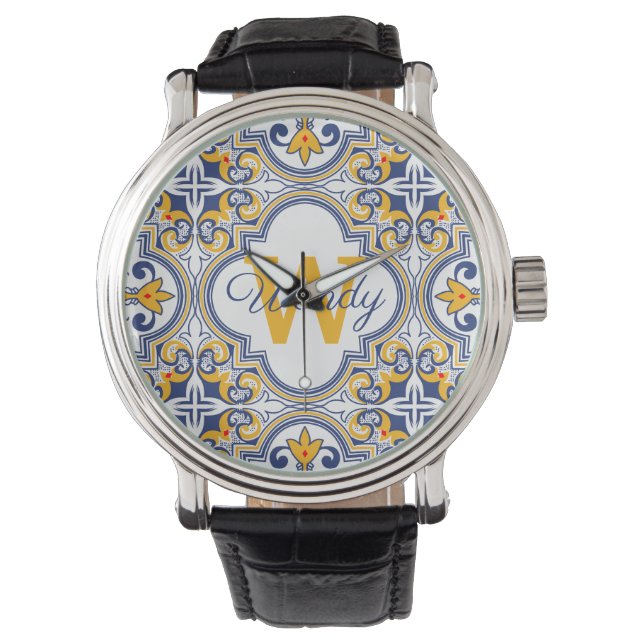 💙 💛 Naam + initiaal Azulejos Horloge (Voorkant)