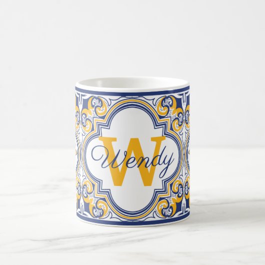 💙💛 Naam + initiaal Azulejos  Koffiemok (Center)