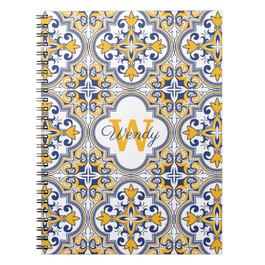 💙 💛 Naam + initiaal Azulejos Notitieboek (Voorkant)