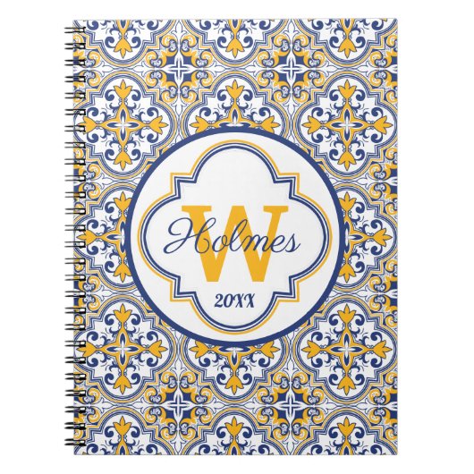 💙 💛 Naam + initiaal Azulejos Notitieboek (Voorkant)