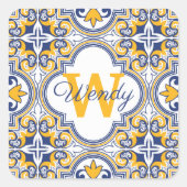 💙 💛 Naam + initiaal Azulejos Vierkante Sticker (Voorkant)