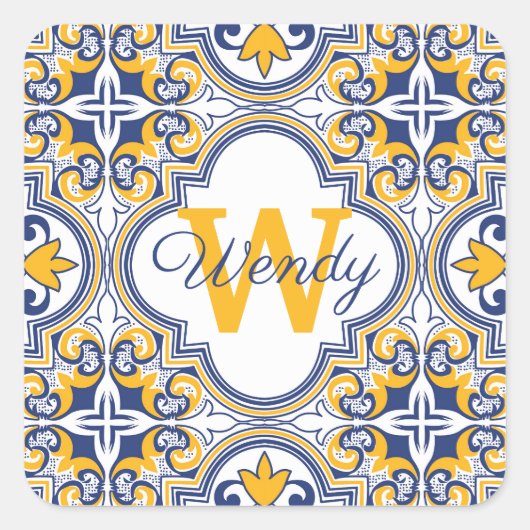 💙 💛 Naam + initiaal Azulejos Vierkante Sticker (Voorkant)