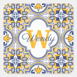 💙 💛 Naam + initiaal Azulejos Vierkante Sticker