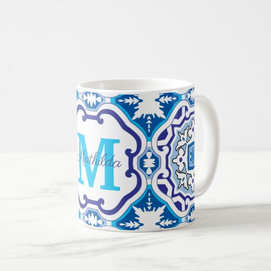 💙 Naam + Initiaal blauw Azulejos 004   Koffiemok (Voorkant rechts)