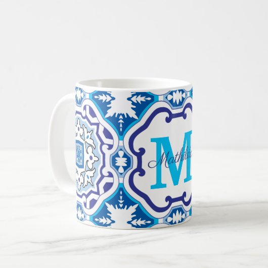 💙 Naam + Initiaal blauw Azulejos 004   Koffiemok (Voorkant links)