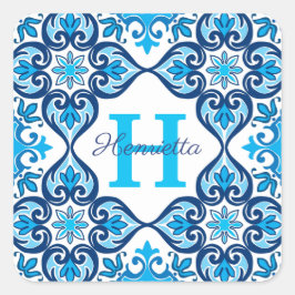 💙 🤍 Naam + initiaal blauw - wit Azulejos X, Vierkante Sticker