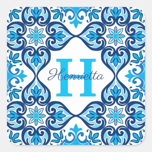 💙 🤍 Naam + initiaal blauw - wit Azulejos X, Vierkante Sticker (Voorkant)