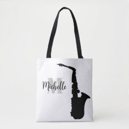 naam, initiaal en zwarte drievoudige muziekcanvas tote bag