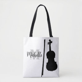 naam, initiaal en zwarte drievoudige muziekcanvas tote bag
