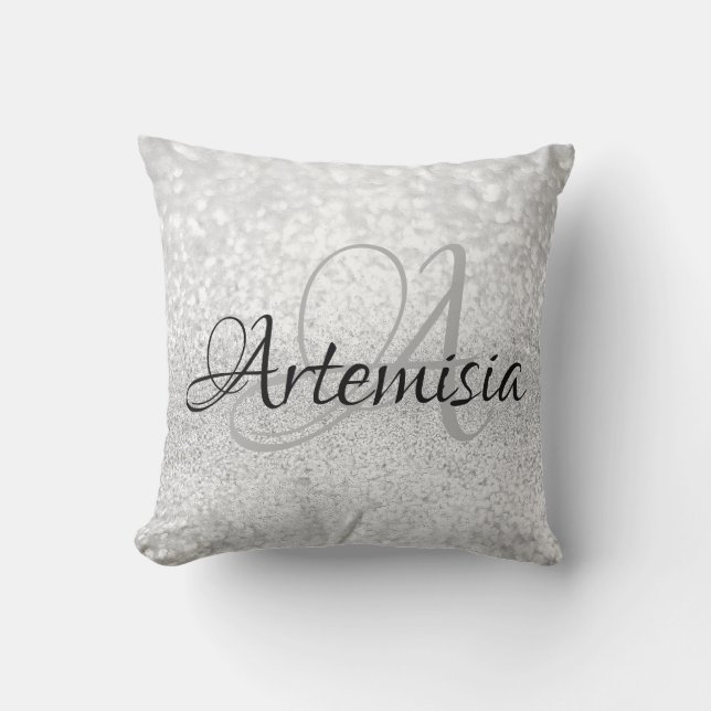 Naam Initiaal Grijze Zilver White Sparkle Girly Sw Kussen (Voorkant)
