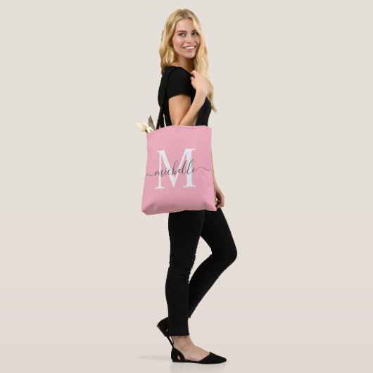 naam & Initiaal Katoen Snoep Roze Tote Bag (Op model)