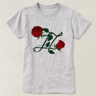 Naam Initiaal Letter H Monogram met Rode Rozen Gri T-shirt