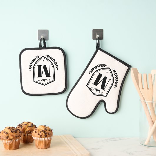 Naam Initiaal Letter | Monogram laurierkrans badge Ovenwant & Pannenlap Set