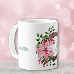 Naam & Initiaal of nummers, Roze Poinsettia 11oz Koffiemok