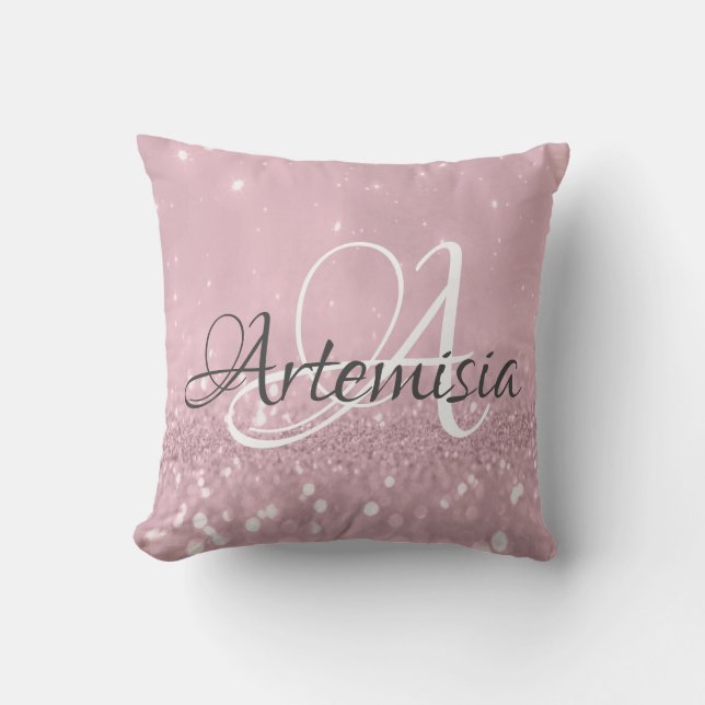 Naam Initiaal Roze Roze Blush Glitter Kussen (Voorkant)