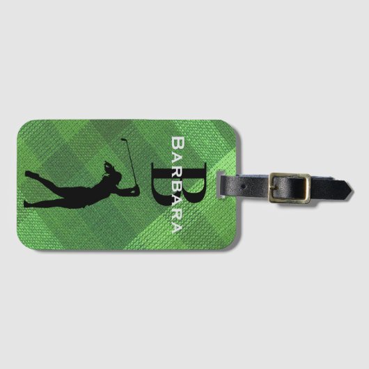 Naam Initiaal, Vrouw Golfer Silhouette Green Plaid Bagagelabel (Voorkant (horizontaal))