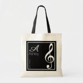 Naam, Initiaal & Witte Treble Clef, Muziek Zwart Tote Bag (Voorkant)