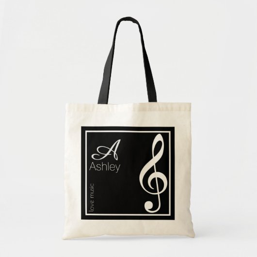 Naam, Initiaal & Witte Treble Clef, Muziek Zwart Tote Bag (Voorkant)