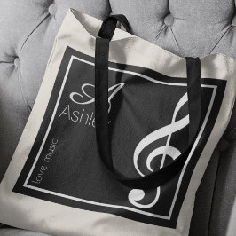 Naam, Initiaal & Witte Treble Clef, Muziek Zwart Tote Bag