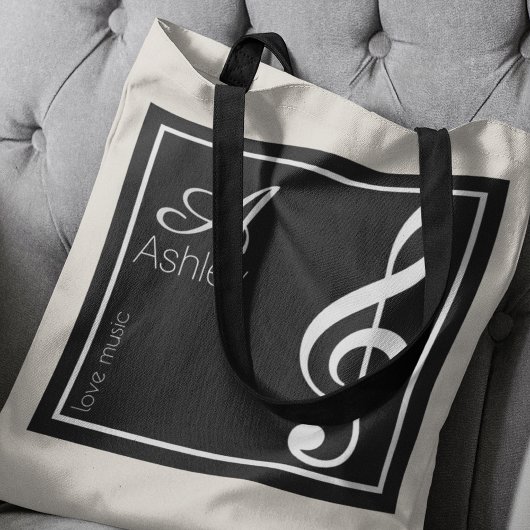 Naam, Initiaal & Witte Treble Clef, Muziek Zwart Tote Bag