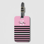 Naam, Initiaal Zwart & Roze Streep Chic Bagagelabel (Voorkant (verticaal))