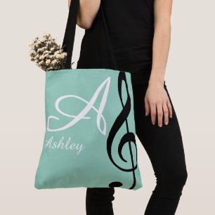 Naam, initiaal & zwarte treble clef blauwgroen muz tote bag