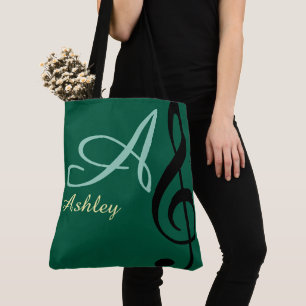 Naam, initiaal & zwarte treble clef groene muziek tote bag