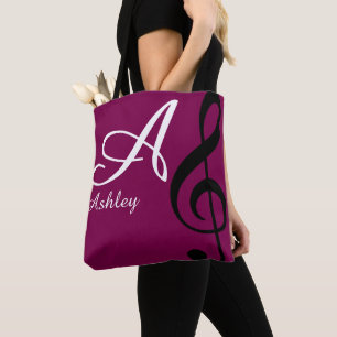 Naam, initiaal & zwarte treble clef wijnmuziek tote bag