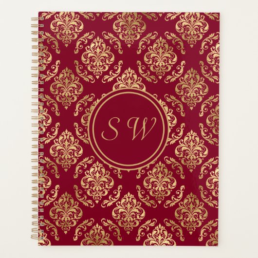 Naam Initialen Gold Damask op Bourgogne Weddenscha Planner (Voorkant)