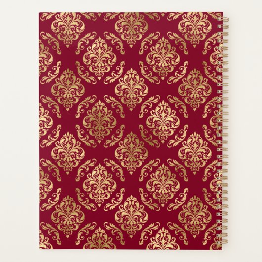 Naam Initialen Gold Damask op Bourgogne Weddenscha Planner (Achterkant)