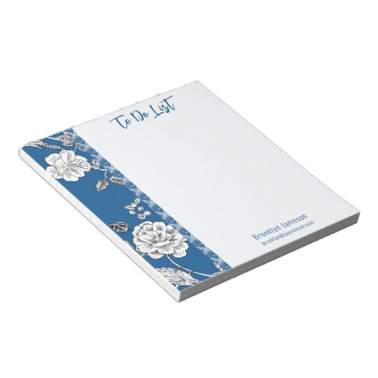 naam Inscripted Blue Floral Toile Notitieblok (Schuin)
