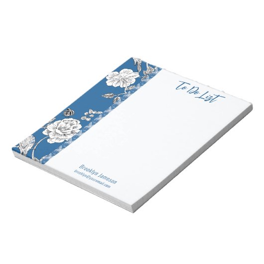  naam Inscripted Blue Floral Toile Notitieblok (Linkerzijde)