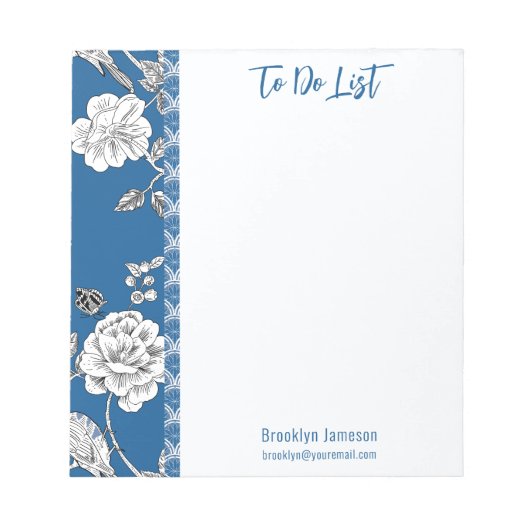  naam Inscripted Blue Floral Toile Notitieblok (Voorkant)