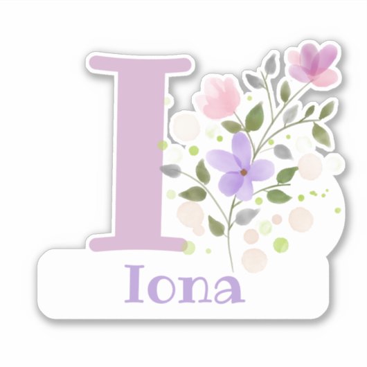 Naam Iona & Initiaal met Floral Design Sticker (Voorkant)
