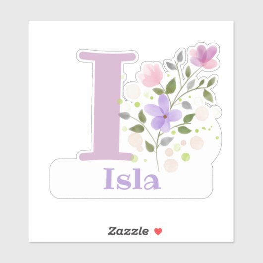Naam Isla plus Initiaal met Floral Design Sticker (Vel)