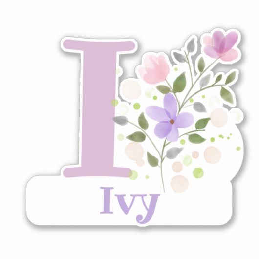 Naam Ivy & Initiaal met Floral Design Sticker (Voorkant)