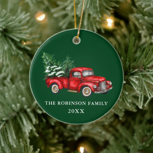 Naam Jaar Waterverf  Red Truck Trees Green Keramisch Ornament (Boom)