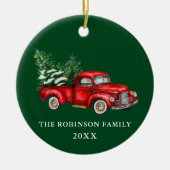 Naam Jaar Waterverf  Red Truck Trees Green Keramisch Ornament (Voorkant)