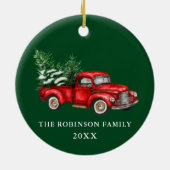 Naam Jaar Waterverf  Red Truck Trees Green Keramisch Ornament (Achterkant)