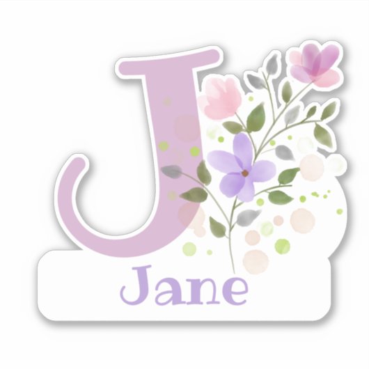 Naam Jane plus Initiaal met Floral Design Sticker (Voorkant)
