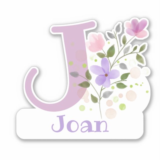 Naam Joan & Initiaal met Floral Design Sticker (Voorkant)