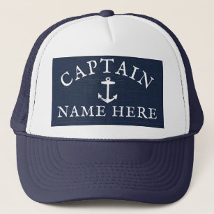 Naam kapitein boot Nautical Anchor Navy Blue Trucker Pet