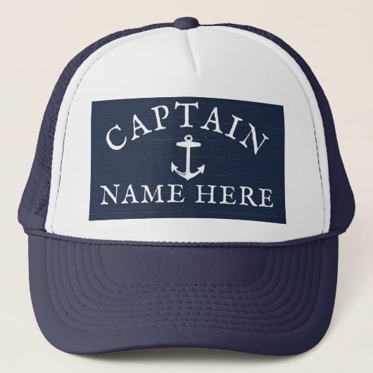 Naam kapitein boot Nautical Anchor Navy Blue Trucker Pet (Voorkant)