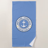 Naam kapitein bootschip - of elke tekst op blauw strandlaken (Voorkant)