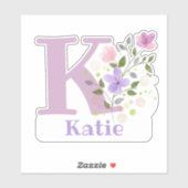 Naam Katie & Initiaal met Floral Design Sticker (Vel)