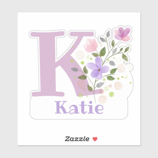 Naam Katie & Initiaal met Floral Design Sticker (Vel)