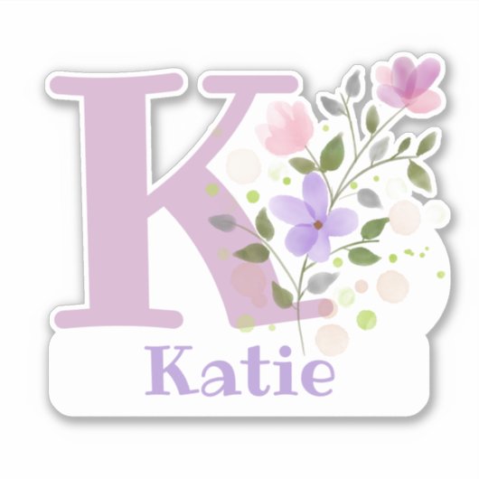 Naam Katie & Initiaal met Floral Design Sticker (Voorkant)