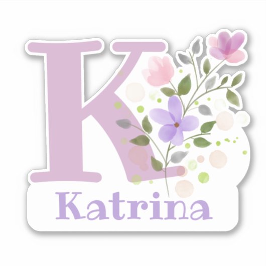 Naam Katrina plus Initiaal met Bloemendesign Sticker (Voorkant)
