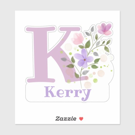 Naam Kerry plus Initiaal met Floral Design Sticker (Vel)